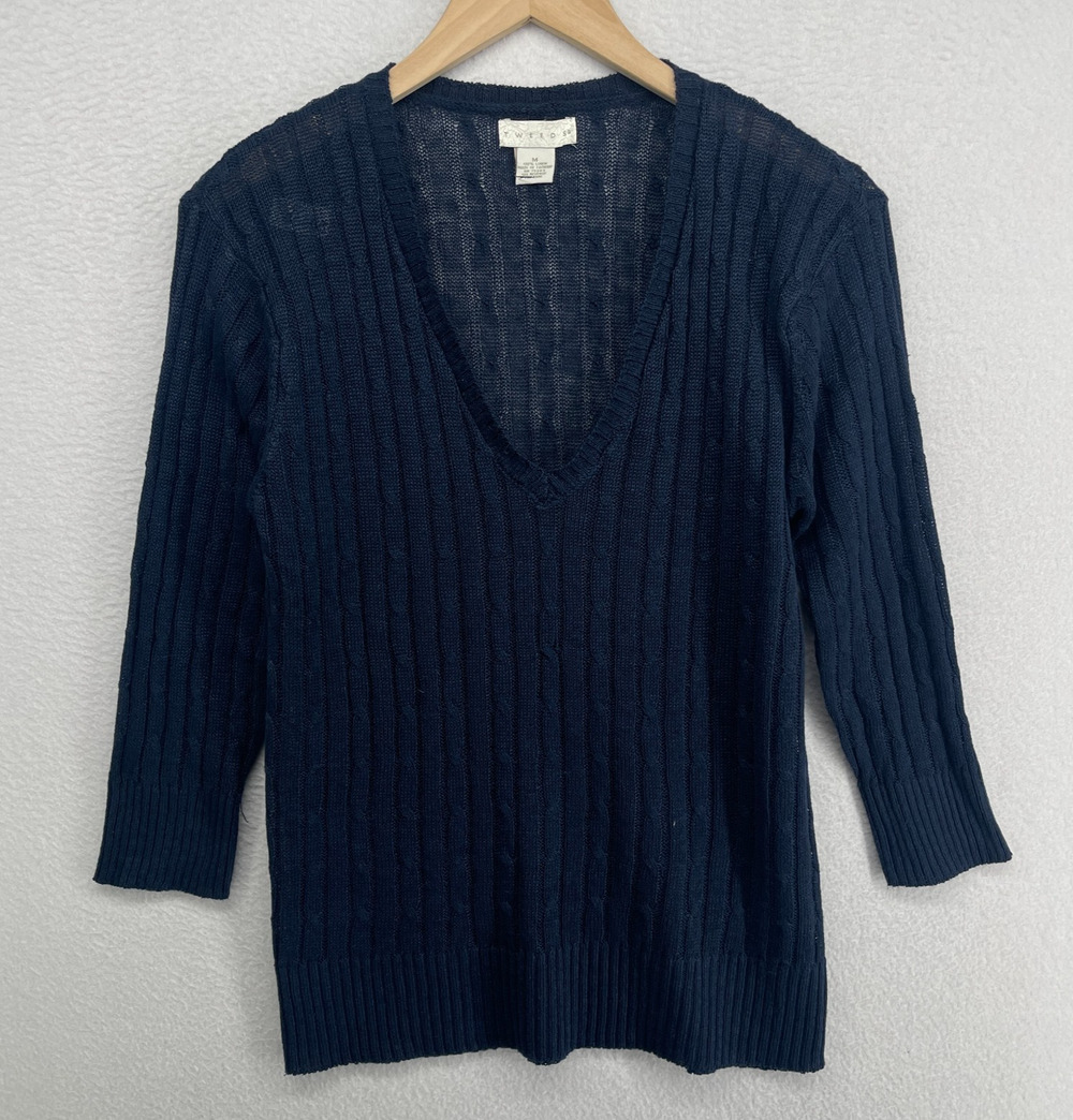 TWEEDS Sweater M Linen Sheer Ribbed Cable Jumper V-Neck 3/4 Sleeve Blue